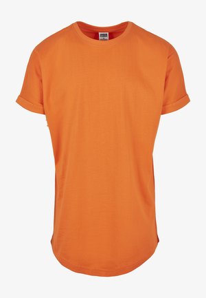 Oranges Kurzarm-T-Shirt aus Baumwolle, mit Rundhalsausschnitt, gekrempelten Ärmeln und einem geraden Saum mit leichter Kurve.