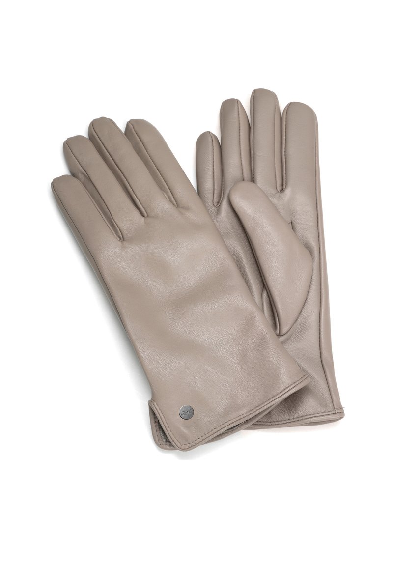 Gants en cuir beige clair, avec une texture lisse, un design ajusté avec quatre doigts et un pouce, et un subtil accent en métal.