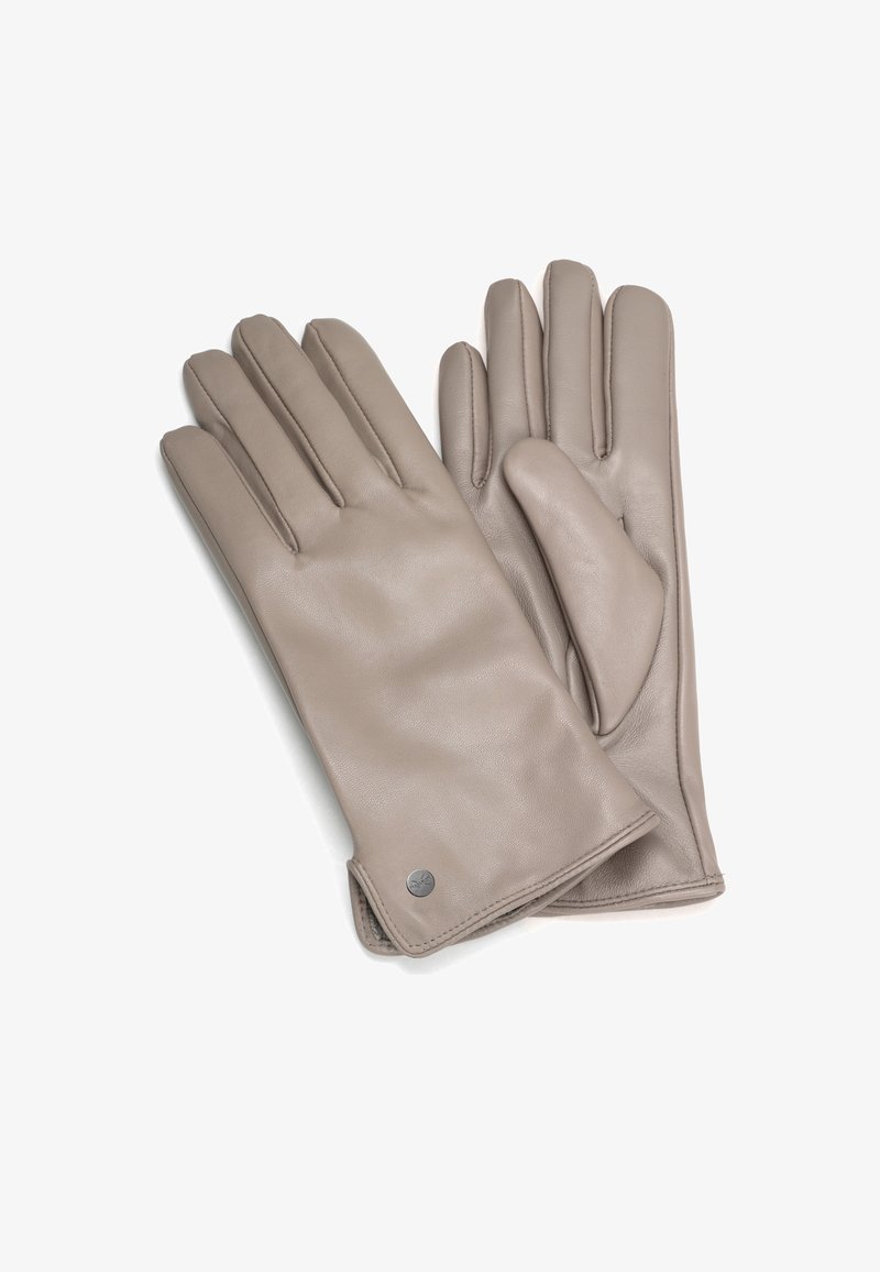 Gants en cuir beige clair, avec une texture lisse, un design ajusté avec quatre doigts et un pouce, et un subtil accent en métal.