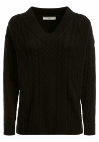 Pull en maille noir avec un col en V, des manches longues, un ourlet côtelé et des motifs texturés, fabriqué dans un matériau doux.