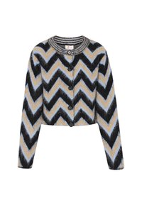 Kariertes Cardigan mit einem Zickzackmuster in Schwarz, Blau und Beige. Das Material hat eine weiche Textur, einen Rundhalsausschnitt und fünf Knöpfe.