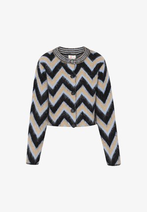 Forkortet cardigan med et zig-zag mønster i sort, blå og beige. Materialet har en blød tekstur med en rund hals og fem knapper.