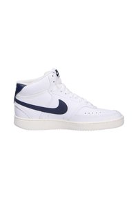 Sneaker alte bianche in pelle con un accento blu navy sul tallone e il classico logo swoosh della Nike. Superficie texturizzata e perforazioni visibili.