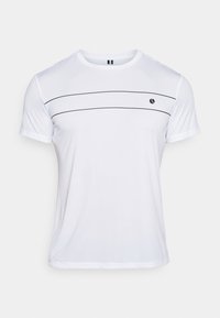 Valkoinen lyhythihainen t-paita, joka on valmistettu teksturoidusta kankaasta. Paidassa on kaksi vaakasuoraa mustaa raitaa rinnan kohdalla ja pieni logo vasemmalla puolella.