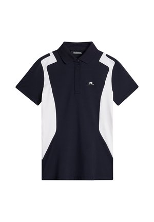 Polo shirt blu navy con pannelli laterali bianchi, maniche corte e colletto. Include un piccolo logo sul petto. Tessuto morbido.