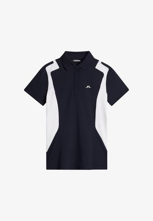 Mørkeblå polo med hvide sidepanler, korte ærmer og krave. Inkluderer et lille logo på brystet. Glat tekstur.