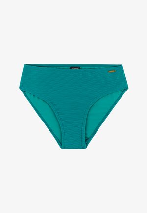 Turkooizen bikinibroekje gemaakt van gestructureerde stof. Heeft een high-waist ontwerp, een gladde voering en een klein logo-accent aan de zijkant.