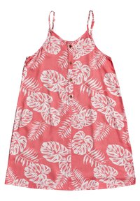 Koronkowa sukienka w białe liście, regulowane ramiączka spaghetti, guziki z przodu i luźny krój. Wykonana z lekkiego materiału.