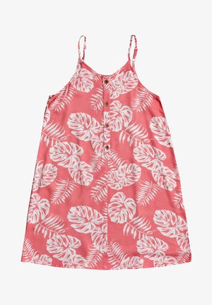 Koronkowa sukienka w białe liście, regulowane ramiączka spaghetti, guziki z przodu i luźny krój. Wykonana z lekkiego materiału.