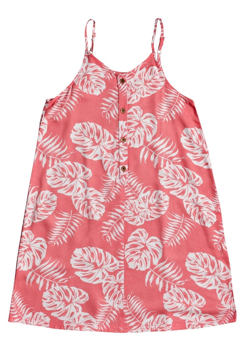 Koronkowa sukienka w białe liście, regulowane ramiączka spaghetti, guziki z przodu i luźny krój. Wykonana z lekkiego materiału.