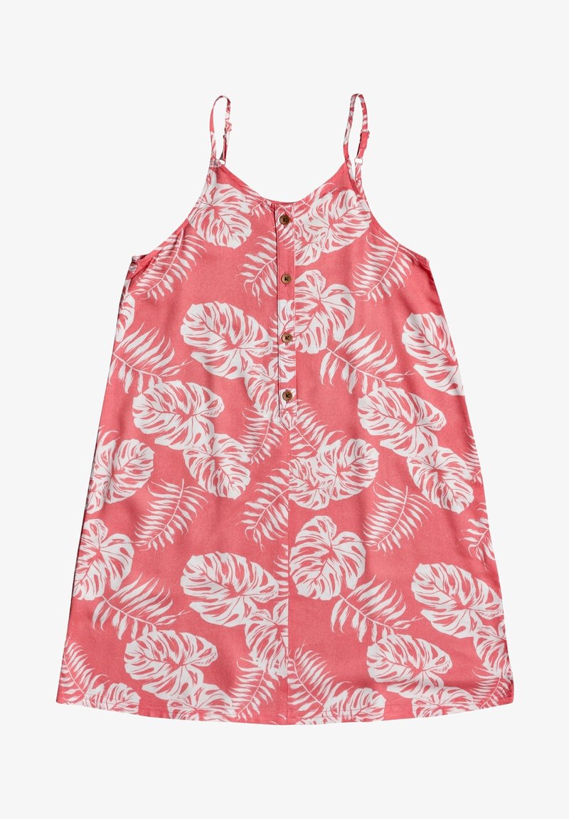 Koronkowa sukienka w białe liście, regulowane ramiączka spaghetti, guziki z przodu i luźny krój. Wykonana z lekkiego materiału.