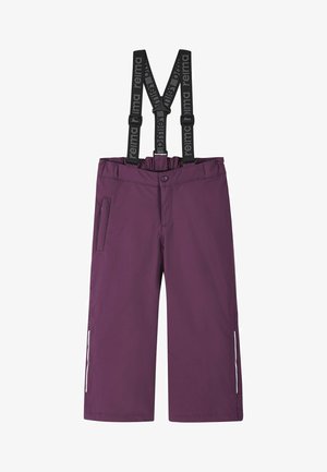 Purple waterproof children's snow pants with black adjustable suspenders and side pockets, designed for winter outdoor activities.