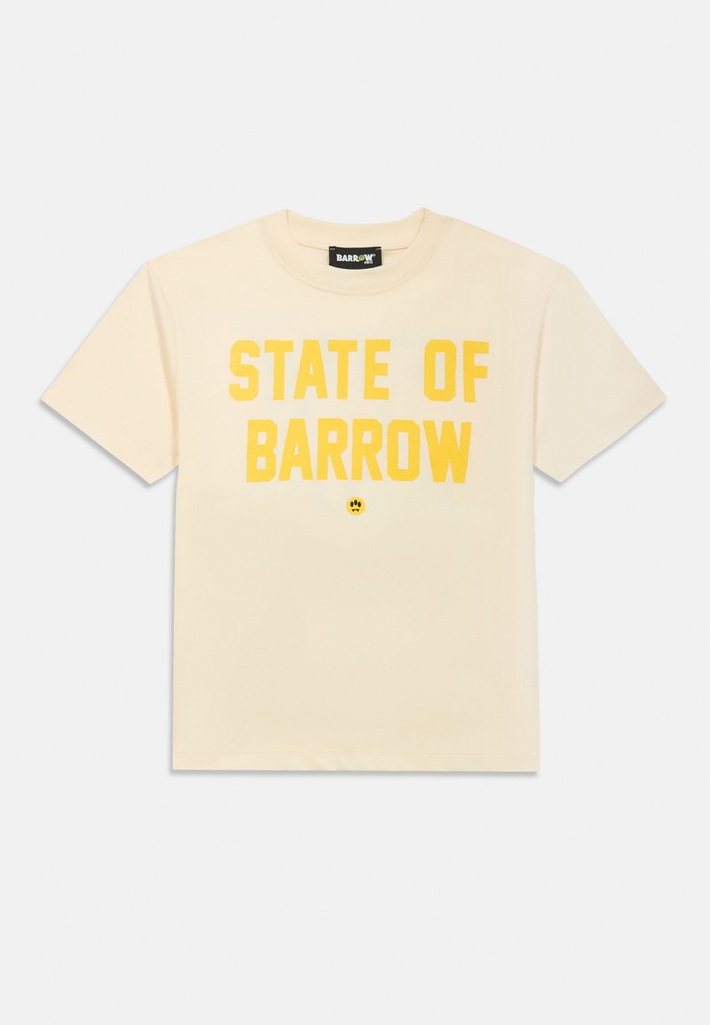 T-shirt de algodão creme com a frase em amarelo forte "STATE OF BARROW" em letras maiúsculas. Gola redonda clássica e mangas curtas.
