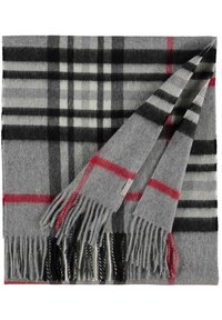 Šedý vlněný šátek s klasickým kostkovaným vzorem, doplněný černými, bílými a červenými akcenty, zakon čený třásněmi na každém konci.
