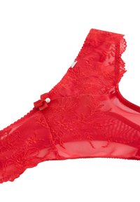 Rød blonde-tanga med blomster mønstre, gennemsigtig mesh materiale, bølgede kanter og en lille sløjfe med perledetalje foran.