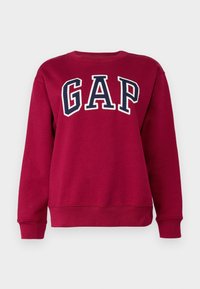 Burgundská mikina z bavlněné směsi s velkým bílým a námořnicky modrým logem „GAP“ na přední straně, s žebrovaným kulatým výstřihem a manžetami.