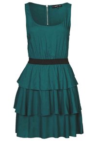 Türkisfarbens ärmelloses Kleid mit rundem Ausschnitt, mit einem stufigen Rüschendesign und einem schwarzen Taillenbündchen. Reißverschluss an der Rückseite. Glatte Stoffstruktur.