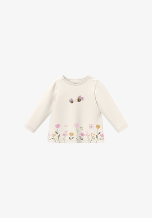 Chemise bébé crème à manches longues avec deux abeilles près de la poitrine et une bordure de fleurs roses, jaunes et vertes le long de l'ourlet.