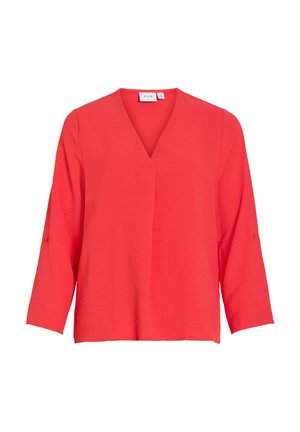 Red long-sleeve blouse with V-neck and button tabs on sleeves, made of lightweight textured fabric.
