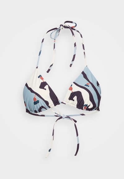 Top de biquíni com copas triangulares, apresentando um padrão abstrato em azul, preto e creme. Amarrações no pescoço e nas costas. Textura suave.