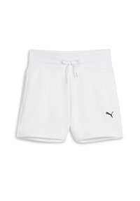 Pantaloni corti bianchi realizzati in tessuto morbido, dotati di una cintura elastica con cordino, tasche laterali e un logo Puma nero in basso a sinistra.