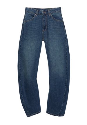 Jeanși din denim albastru cu o croială largă, design cu cinci buzunare, închidere cu nasture și detalii de cusătură maro. Țesătura are un finisaj decolorat.