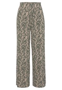 Patterned wide-leg pants in a beige and green design, featuring an elastic waistband and flowing, lightweight fabric.