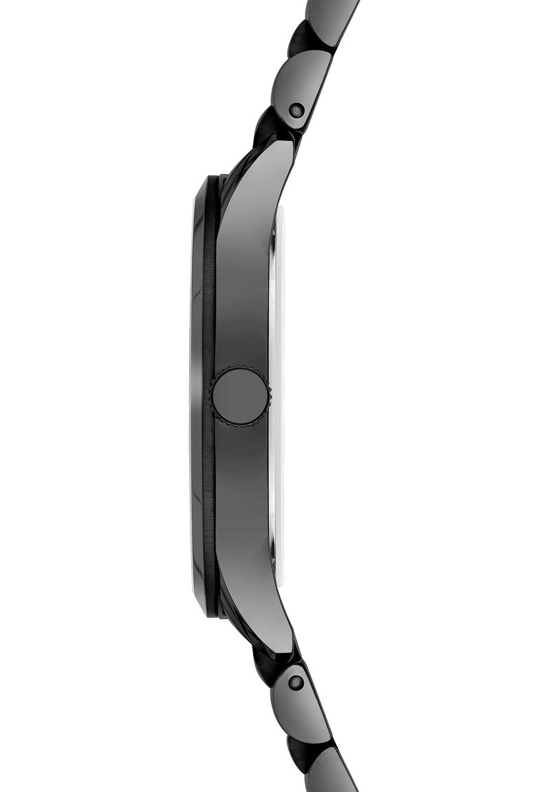 Schwarz-analoge Uhr mit runder Gehäuse, glattem Lünette und verlinktem Armband. Verfügt über eine strukturierte Krone und ein elegantes Finish. Die Akzente sind minimalistisch.