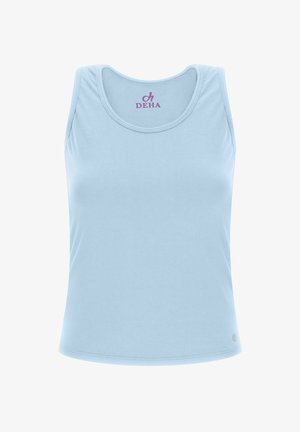 Light blue tank top made from smooth fabric. Features a rounded neckline and sleeveless design. 'DEHA' logo in purple at the neck.