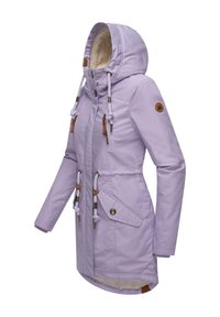 Light purple parka with a hood, lined with soft material. Features two front pockets, adjustable drawstrings, and leather accents.