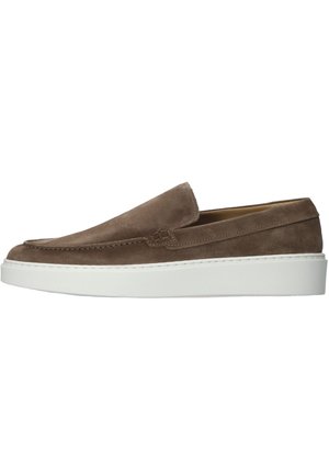 Brown suede slip-on loafer with white rubber sole, minimalist stitching, and low profile heel, shown in side view on white background.