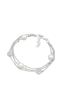 Bracelet en argent à trois brins, orné de deux perles et d'un accent métallique rond étincelant. Les chaînes sont fines avec une texture délicate.