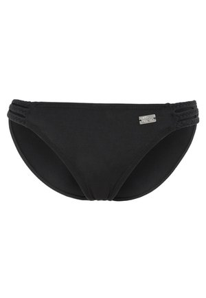 Schwarzer Bikini-Unterteil mit geflochtenen seitlichen Trägern, glatter Textur und einem kleinen Metalllogo-Akzent auf einer Seite.