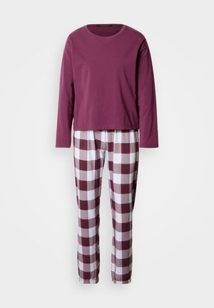 Dwuczęściowy komplet piżamy składający się z bordowej bawełnianej bluzki z długim rękawem oraz spodni w kratę z bordowymi i białymi kwadratami, z elastycznymi mankietami przy kostkach.