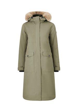 Olivgrüner Parka mit einem Kunstfell gefütterten Kapuze, zwei Fronttaschen und einem mittellangen Design. Verfügt über einen geraden Schnitt und einfache Knopf-Details.