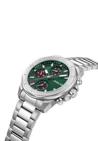 Orologio in acciaio inox argentato con quadrante verde, sotto-quadranti cronografici, lancette argentate e bracciale a maglie spazzolate. Caratterizzato da audaci accenti bianchi e rossi.