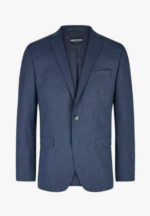 Donkerblauwe blazer van een gestructureerde stof, met een enkele knoopsluiting, notch revers en een borstzak.