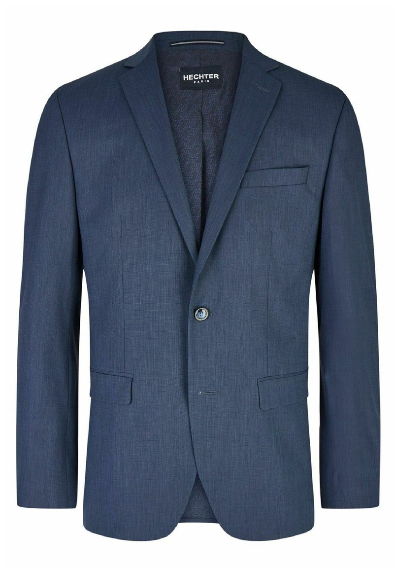 Marineblauer Blazer aus einem strukturierten Stoff, mit einer einzelnen Knopfverschluss, Reverskragen und einer Brusttasche.