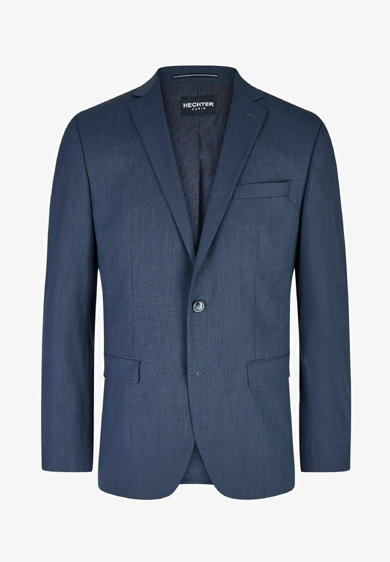 Marineblauer Blazer aus einem strukturierten Stoff, mit einer einzelnen Knopfverschluss, Reverskragen und einer Brusttasche.