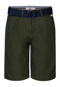 Pantaloni shorts in cotone verde con una cintura intrecciata blu navy, dotati di passanti per la cintura e due tasche anteriori. Texture morbida, design casual, taglio fino al ginocchio.