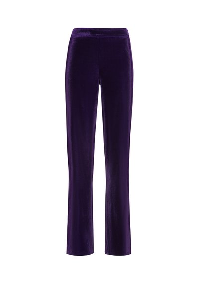 Paarse fluwelen broek met een zachte textuur, licht aansluitende vorm en een elastische tailleband voor een comfortabele pasvorm.