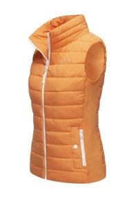 Orange ärmellose Steppweste mit hohem Kragen, horizontalen Nähten, weißen Reißverschlüssen und Seitentaschen, die eine glatte Textur aufweist.
