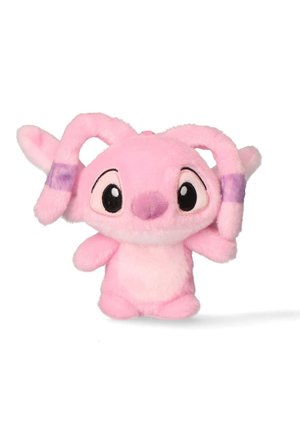 Piccolo peluche rosa con grandi occhi bianchi e neri, orecchie molli con bande viola e corpo arrotondato, in piedi su sfondo bianco.