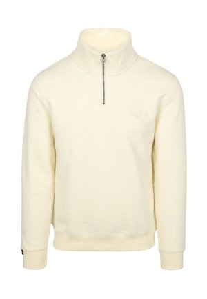 Crèmekleurige pullover sweatshirt, met halve rits, en hoge kraag. Beschikt over ribbelmanchetten en -zoom, gemaakt van een zachte stof, met minimale branding.