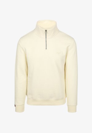 Cremfarbener Pullover-Sweatshirt, halber Reißverschluss, mit hohem Kragen. Verfügt über gerippte Bündchen und Saum, aus weichem Stoff, mit minimalem Branding.