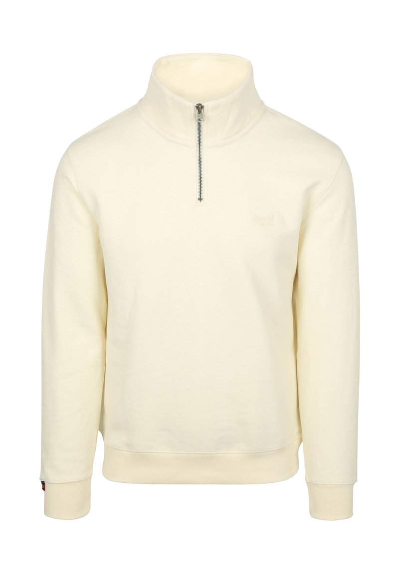 Cream-colored pullover sweatshirt, half zip, with a high collar. Features ribbed cuffs and hem, made from soft fabric, minimal branding.