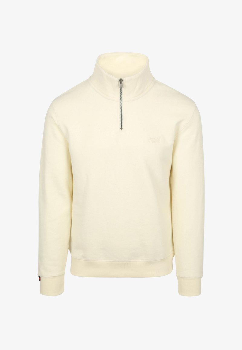 Cream-colored pullover sweatshirt, half zip, with a high collar. Features ribbed cuffs and hem, made from soft fabric, minimal branding.