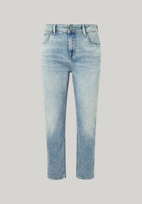 Svetlomodré denimové džínsy so strihom rovného strihu, dizajnom s piatimi vreckami, zapínaním na gombík a jemným blednutím na nohách.