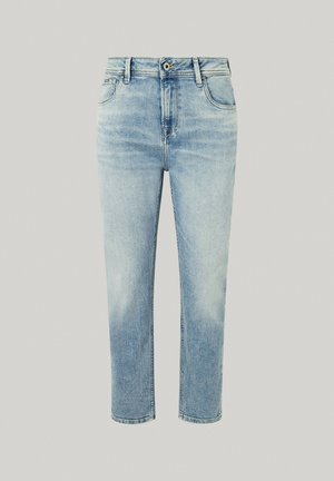 Gai zili džinsi ar taisnu piegriezumu, piecu kabatu dizainu, pogu aizdari un nelielu izsublīdamību uz kājām.