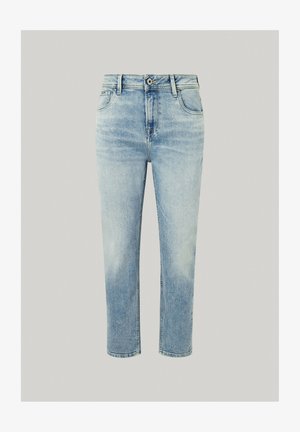 Gai zili džinsi ar taisnu piegriezumu, piecu kabatu dizainu, pogu aizdari un nelielu izsublīdamību uz kājām.